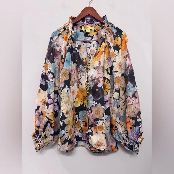 ANTHROPOLOGIE Maeve Moxy Collective Blouse Button Up Watercolor Floral Linen 1X - Picture 5 of 13